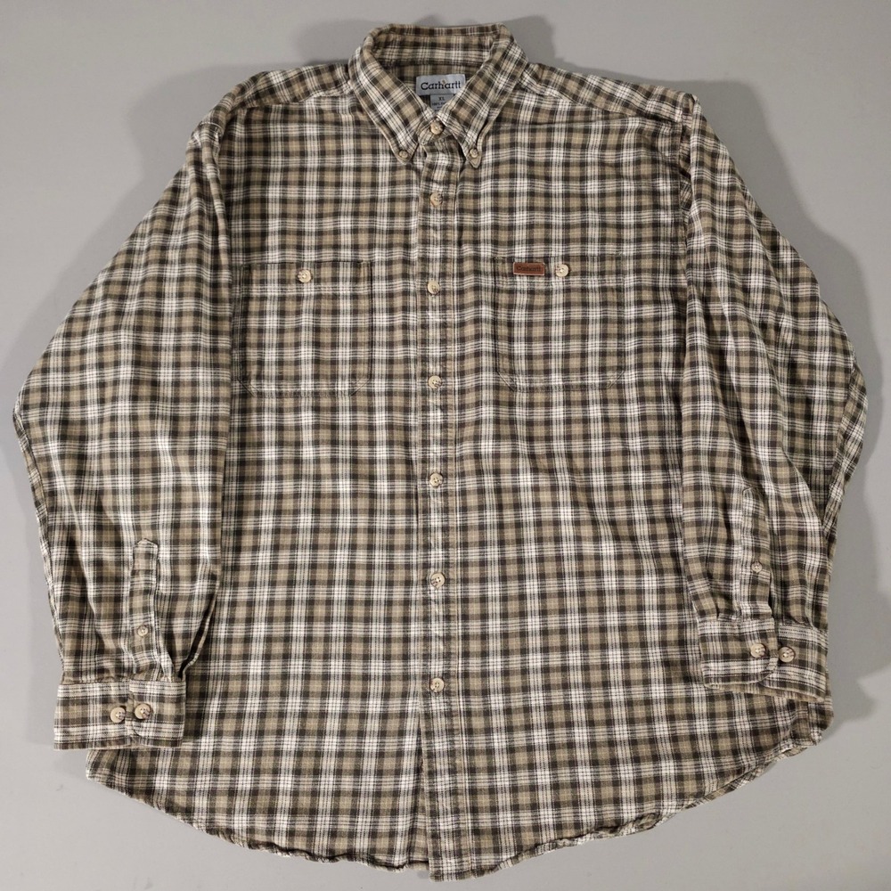 Carhartt Button Down Shirt Mens XL Brown Plaid Long Sleeve Cotton Workwear